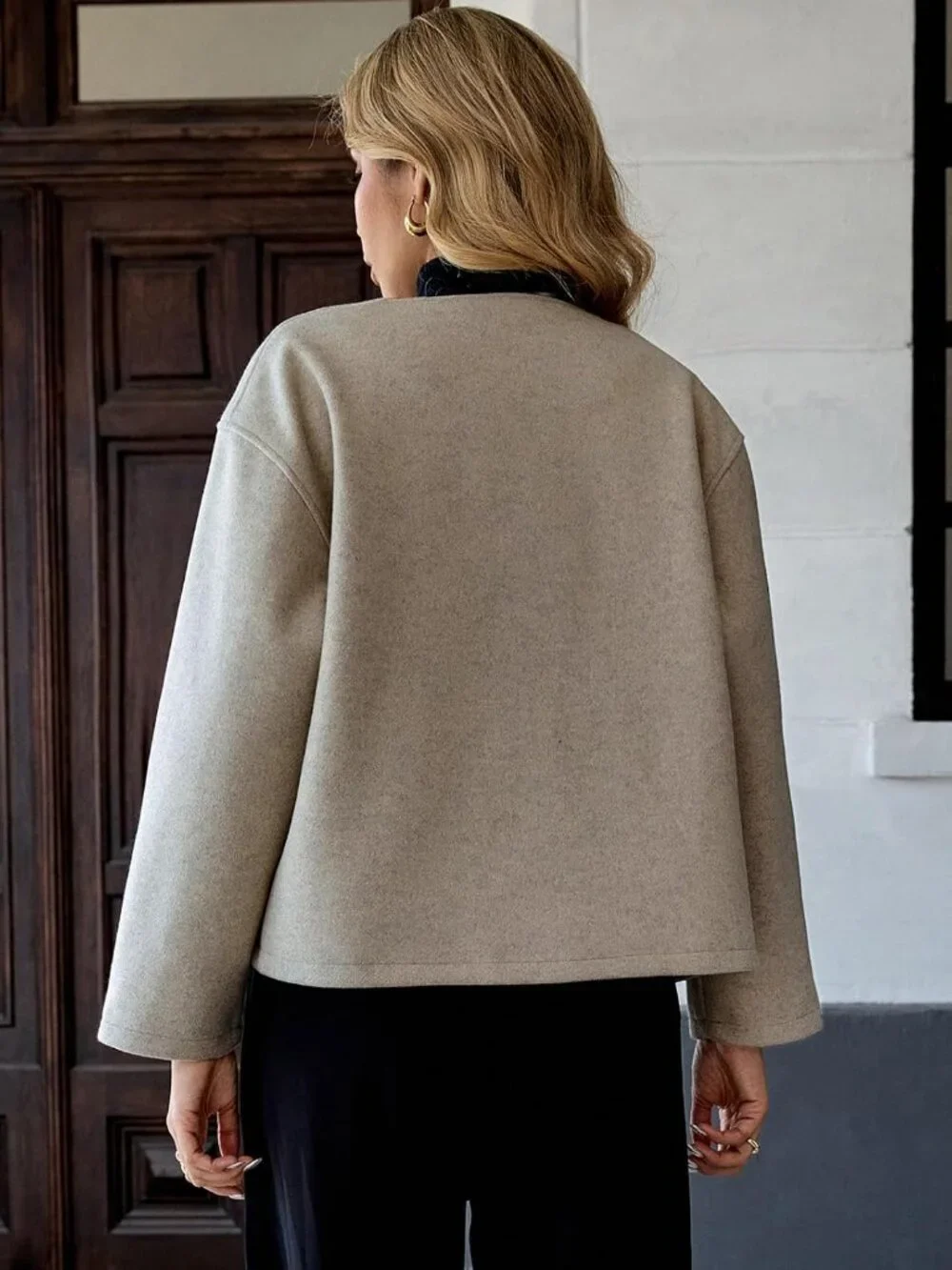 Women's Khaki Wool Blend Cropped Collarless Long Sleeve Short Fall Pea Overcoat